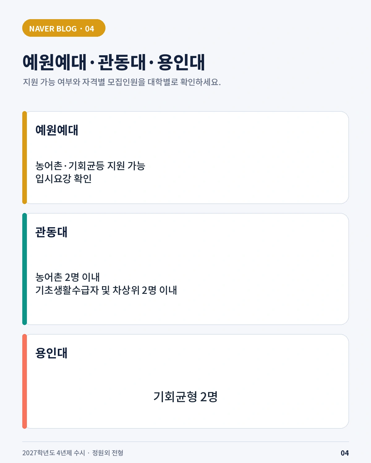 예원예대 관동대 용인대 농어촌 기초생활수급자 기회균형 정원외 전형