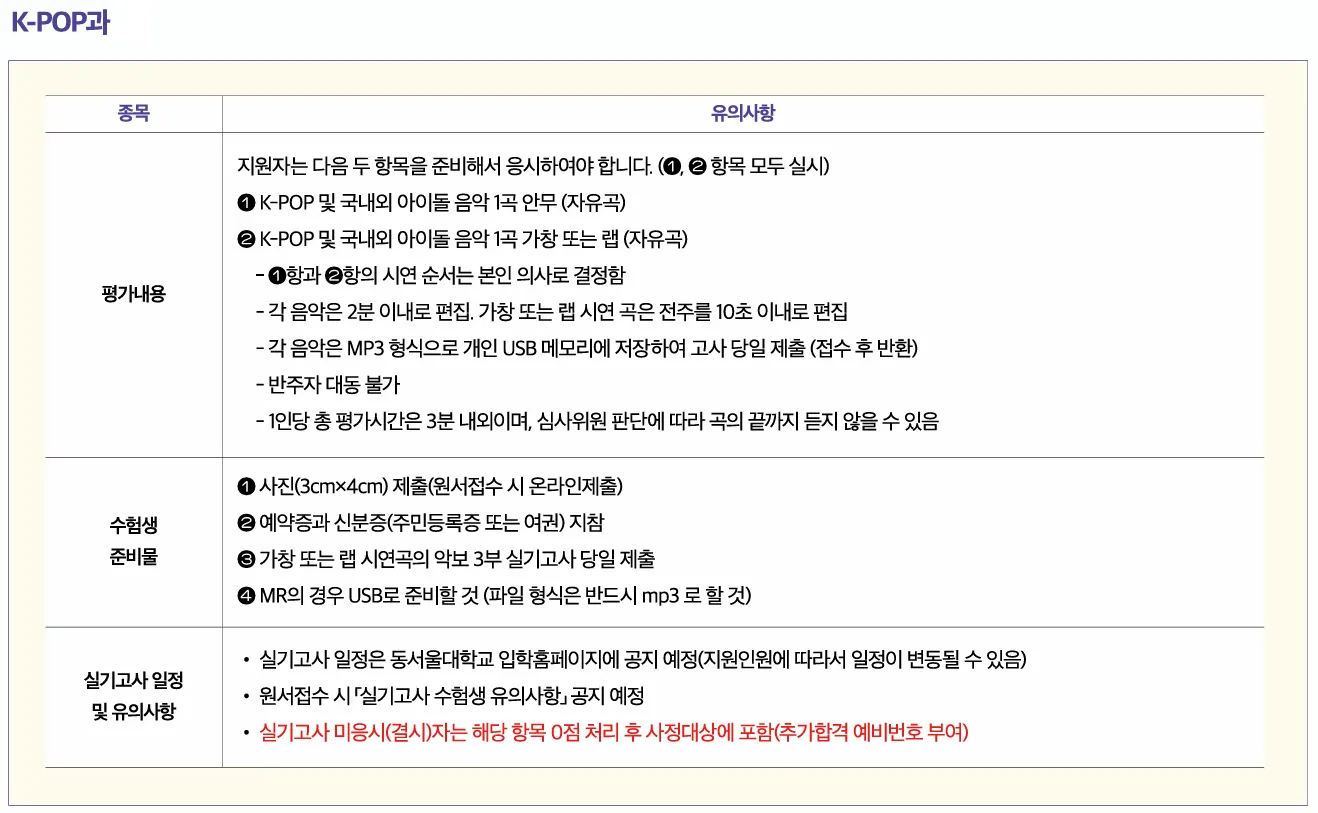 동서울대학교 K-POP과 안무와 가창 또는 랩 필수 실기고사 안내